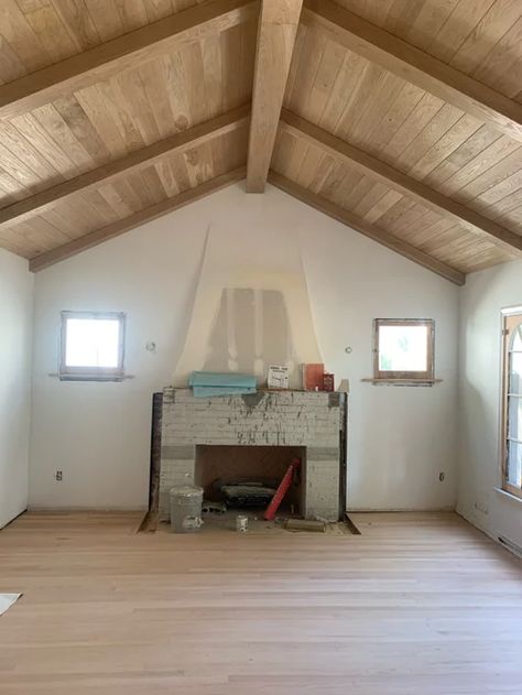 Vaulted White Oak ceiling: to stain or not to stain?! Stained Ceilings Wood, Small Cathedral Ceiling Living Room, Alder Wood Ceiling, Slanted Ceiling Wood Beams, Wood Paneled Vaulted Ceiling, Wooden Ceiling With Beams, White Oak Shiplap Ceiling, White Oak Wood Ceiling, Stained Vaulted Ceiling