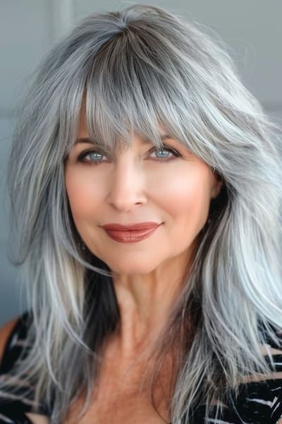 Women Over 50 With Bangs, Over 50 With Bangs, Grey Hair With Bangs, Perfect Curly Hair, Layered Hair With Bangs, Layered Haircuts For Medium Hair, Hairstyles For Women Over 50, Medium Long Hair, Shag Hairstyles