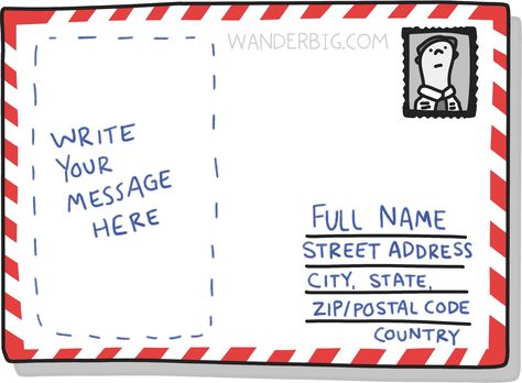 An illustration of a ready to mail postcard showing where to write the address, where to place the stamp, and where to write a personal message to the recipient. Postcard Ideas Writing Messages, Post Card Messages Ideas, Postcard Writing Ideas, Post Card Ideas Creative, Postal Card Design, Post Card Illustration, Postcard Messages, Postcard Design Layout, Modern Postcard Design