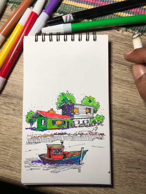 Cheap fineliner and snowman markers. A Drawing, House Boat, Markers, Drawings, Quick Saves, Art