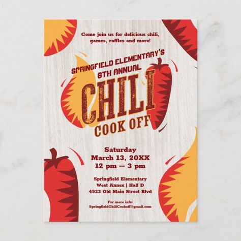 Chili Cook Off BBQ Cookout Contest Invitation Postcard - Great Barbecue Chili Cookoff Party, Chili Cook Off Trophy, Chili Fest, Ward Activities, Cookout Ideas, Party Design Poster, Contest Poster, Festive Poster, Bbq Festival