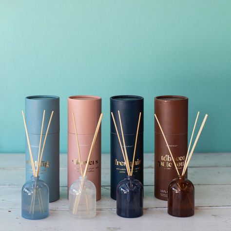 Think about the corners of your home that could use a little olfactory pick-me-up. Now, picture these charmingly petite diffusers nestled in next to a plant, a pen cup or a stack of puzzles! Inviting these intriguing fragrance stories — like wild fig, flowers, fresh air and tobacco patchouli — into your nose and into your home will enrich and elevate your space. You can even repurpose their milky glass bottles as little blossom vases! Details: 1.5 oz of high quality scented essential oils4 natur Luxury Diffuser Packaging, Room Diffuser Packaging, Home Fragrance Packaging, Diffuser Bottle Design, Diffuser Packaging Design, Diffuser Packaging, Reed Diffuser Packaging, Room Fragrance Diffuser, Mini Diffuser