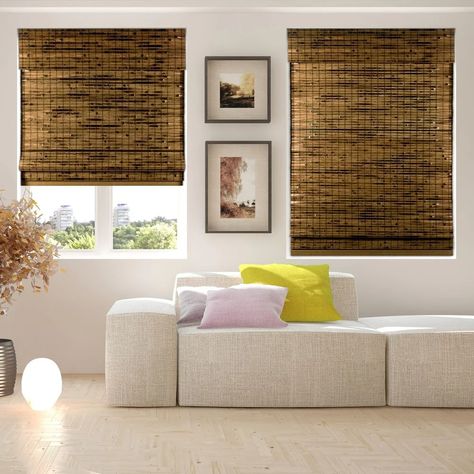 Arlo Blinds Cordless Lift Java Deep Bamboo Shades with 60 Inch Height - On Sale - Bed Bath & Beyond - 27189304 Blackout Shades Bedrooms, Small Kitchen Window, Drapes And Curtains, Bamboo Roman Shades, Bamboo Blinds, Bamboo Shades, Rustic Materials, Custom Drapes, Coastal Furniture