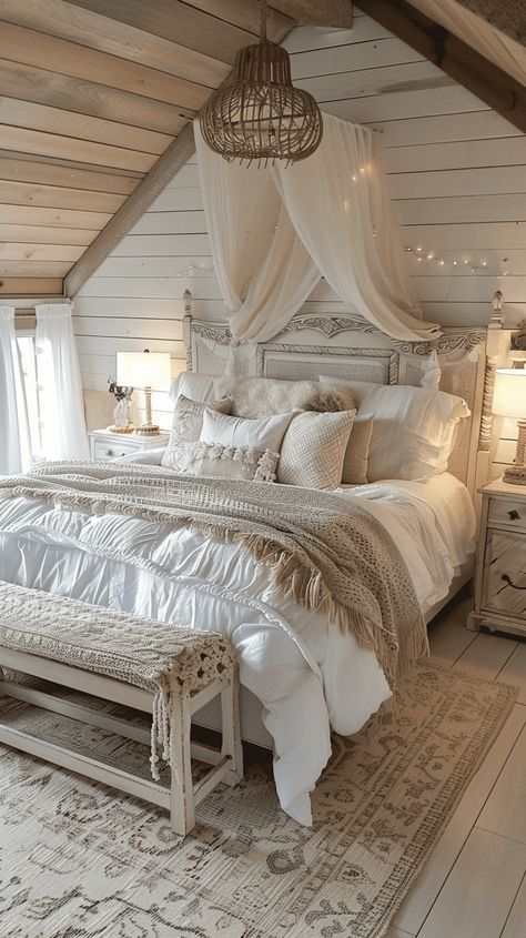 30+ Cozy Cottage Bedroom Decor Ideas For Your Home Romantic Headboard Ideas, Winter Cottage Bedroom, French Country Blue Bedroom Ideas, Master Bedrooms Decor Relaxing, Neutral Cottage Bedroom, White Bed Frame Aesthetic, Farmhouse Chic Bedroom Ideas, Country Chic Bedroom Ideas, Victorian Era Bedroom