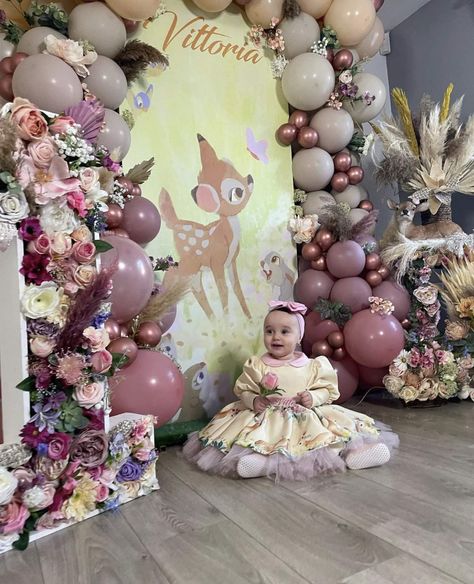 Vittoria 1st Bambi Birthday | CatchMyParty.com Bambi Party Ideas, Bambi Birthday Party Decoration Girl, Birthday Party Decorations Diy, Baby Birthday Themes, Girl Cakes, Baby Birthday, Catch My Party, Birthday Theme, Birthday Party Decorations