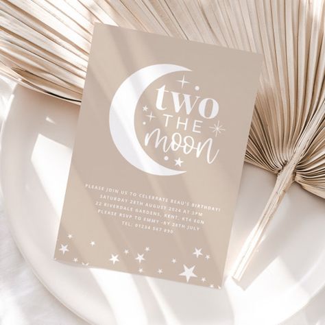 Two The Moon Beige Birthday Invitation Two The Moon Birthday, Moon Birthday Theme, Moon Typography, Two The Moon And Back, Baby Santana, Beige Birthday, Space Themes, 2nd Birthday Party For Boys, Birthday Party For Boys