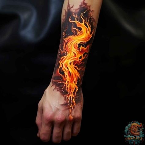 Flame Tattoo Sleeve, Realistic Fire Tattoo, Fire Tattoo For Men, Fire Arm Tattoo, Flame Tattoos For Men, Fire Breathing Dragon Tattoo, Elemental Tattoos, Embers Tattoo, Wave Tattoo Foot