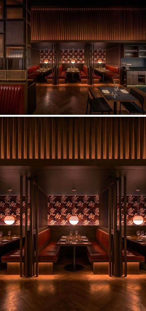 For those who diners who desire more intimate encounters, this modern restaurant features booths lined with poppy-patterned wallpaper and red leather seating. #RestaurantDesign #ModernRestaurant #BoothSeating Korean Restaurant Design, Chinese Restaurant Design, Restaurant Lighting Design, Luxury Restaurant Interior, Japanese Restaurant Interior, Japanese Restaurant Design, Restaurant Design Ideas, San Myshuno, Wood Trellis