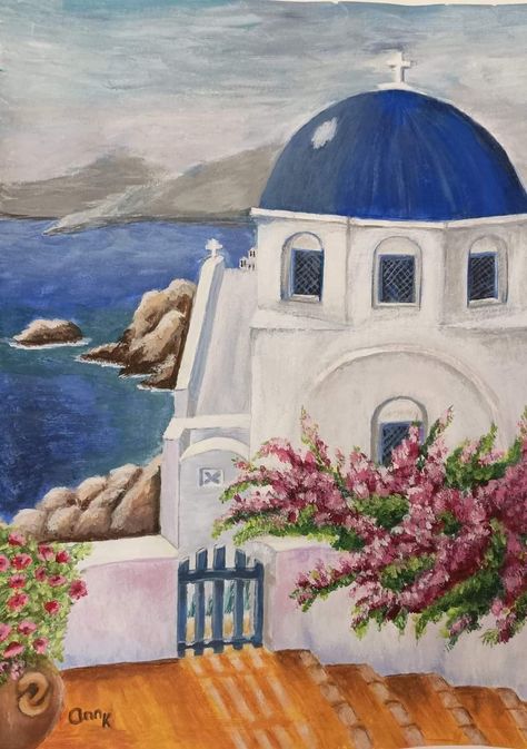 Greece Landscape, Landscape Painting Watercolor, Greece Painting, Greek Paintings, Greece Art, Cute Canvas Paintings, Landscape Art Painting, Nature Art Painting, Santorini Greece