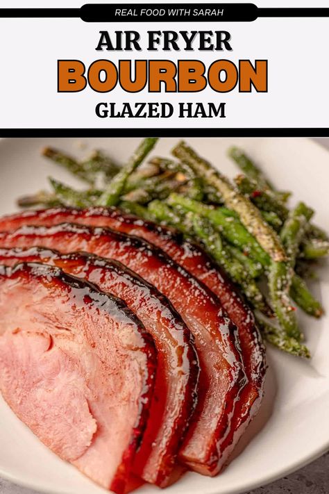 This Air Fryer Ham is juicy, delicious and generously basted with a homemade maple bourbon glaze. This boneless ham is perfect for a holiday feast or family dinner and is done in under 1 hour. Cooking Spiral Ham, Air Fryer Ham, Easy Ham Glaze, Maple Bourbon Glaze, Ham In The Oven, Ham Dinner, Honey Glazed Ham, Bourbon Glaze, Honey Ham