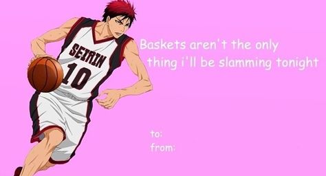 Anime valentine card Anime Valentines Day, Kpop Valentines, Anime Pick Up Lines, Anime Valentines, Kuroko No Basket Characters, Vday Cards, Funny Valentines Cards, Basketball Anime, Kurokos Basketball