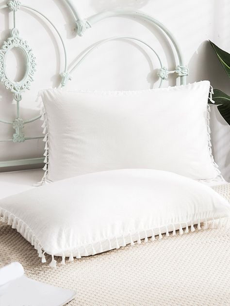 1pair Tassel Decor Pillowcase Without Filler White Pillow Cases, Tassel Pillow, Tassel Decor, Fringe Pillows, Tassels Decor, White Tassel, Garden Pillows, Garden Bedding, White Pillows