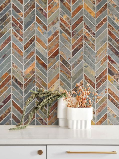 Gaines Farmhouse, Slate Backsplash, Iridescent Glass Tiles, Natural Wood Kitchen, Slate Wall Tiles, Chevron Tile, Rustic Kitchen Cabinets, Mosaic Tile Backsplash, Dark Wood Cabinets