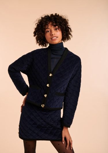 Navy quilted velvet Hope jacket Quilted Velvet Jacket, Navy Quilt, Tara Jarmon, Velvet Skirt, Velvet Jacket, Galeries Lafayette, Sewing Ideas, Women's Blazer, Velvet