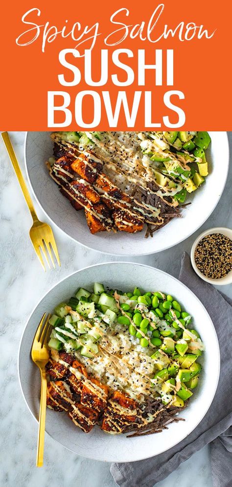 These easy salmon sushi bowls are so delicious and packed with veggies like edamame and cucumber! Serve with homemade spicy mayo. #spicysalmon #sushibowl Spicy Salmon Sushi, Sushi Bowl Recipe, Sushi Bowls, Marinated Salmon, Salmon Sushi, Sushi Bowl, Spicy Salmon, Shellfish Recipes, Dinner Prep