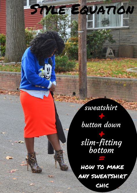 Style Equation: The Easy Way to Dress Up a Sweatshirt Sweatshirt And Pencil Skirt Outfit, Sweatshirt To Work Outfit, Business Casual Sweatshirt Outfit, Skirts And Sweatshirts Outfit, Dress Up Sweatshirt Outfit, Sweatshirt And Skirt Outfit Black Women, Dress Up A Sweatshirt Outfit, Skirt With Sweatshirt Outfit, Dressing Up A Sweatshirt