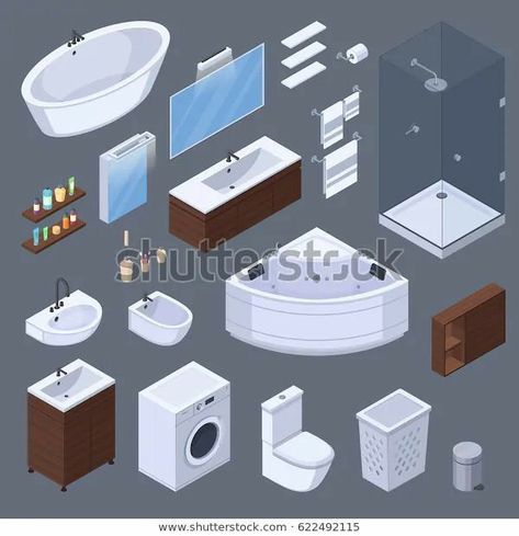 Isometric Furniture, Isometric Interior, Isometric Sketch, Bathroom Elements, Furniture Illustration, Interior Elements, Isometric Drawing, Shower Cabin, Isometric Art