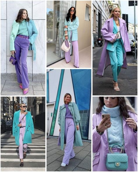 Lavendar Pants Outfits, Navy And Lavender Outfit, Purple Color Blocking Outfits, Lilac And Blue Outfit, Violet Trousers Outfit, Color Theme Outfits, True Spring Outfits Aesthetic, Fun Office Outfits Women, Light Purple Pants Outfit