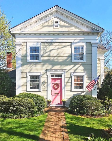 Front Door Yellow House, Front Door Yellow, Pink Front Door, Yellow Cottage, Revere Pewter, Interior Color Schemes, Yellow House, Pink Door, Charming House