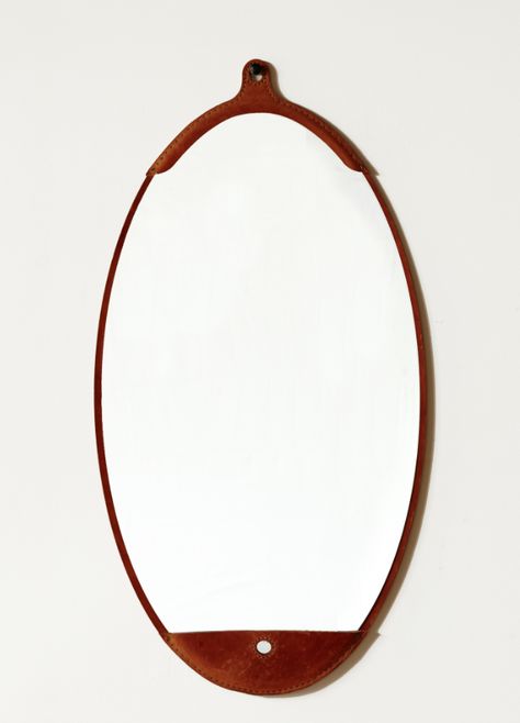 Leather mirror: 38"h x 20"w Long Oval Mirror, Leather Mirror, Leather Frame, Iron Hand, Leather Frames, Oval Mirror, Chocolate Color, Wood Craft, The Mirror