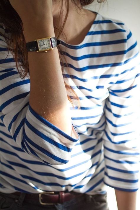 Cartier Tank Outfit, Cartier Tank Watch, Watch Outfit, Breton Top, Tank Watch, Parisienne Chic, Cartier Tank, Cartier Watch, Saint James