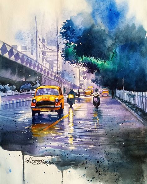 3,040 Likes, 29 Comments - Kannan Chithralaya (@kannanchithralaya) on Instagram: “Watercolour.... kolkatta city,  rainy season.. #watercoloring #watercolors #watercolourdaily…” Best Watercolour Painting, Monsoon Watercolor Painting, Rainy Season Watercolor Painting, Kolkata Watercolor Painting, City Landscape Watercolor, Indian Watercolor Paintings, Daily Life Painting, Bengali Decor, Rain Watercolor Painting