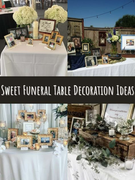 Celebration Of Life Favors Diy, Memorial Service Picture Display, Memorial Table Celebration Of Life, Celebration Of Life Picture Board Ideas, Memorial Table Decorations, Celebration Of Life Memorial Centerpiece, Simple Memorial Service Ideas, Celebration Of Life Memory Table, Memorial Picture Ideas Display