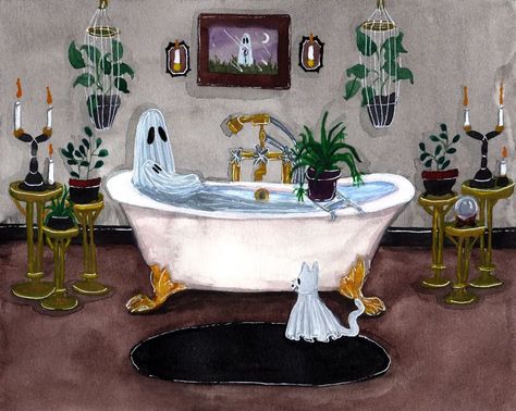 Alley 👻 on Instagram: “My newest piece, titled 'Bathtub Ghosts' is an 8x10" commissioned watercolor and gouache painting. Really loved creating this painting!…” Ghost In Bathtub, Ghost In Bathtub Painting, Bathtub Painting Art, Halloween Gouache Painting, Bathtub Illustration, Bathtub Painting, Ghost Paintings, Tub Paint, Journaling 101