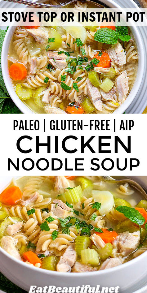 Chicken Noodle Soup is the most delicious Paleo & Gluten-free soup possible -- with a rich delicious broth that's made effortlessly, plus hearty noodles, chicken and veggies -- all traditional, but grain-free, Gluten-free and very easy to make. Leftover Noodles, Instant Pot Chicken Noodle Soup, Instant Pot Chicken Noodle, Soup Paleo, Noodles Chicken, Autoimmune Diet, Chicken And Veggies, Gluten Free Noodles, Aip Recipes