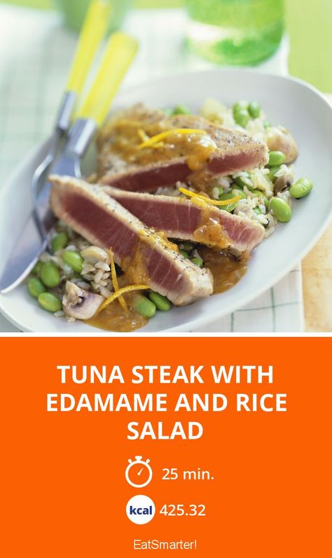 Tuna Steak with Edamame and Rice Salad - quick recipe - simple dish - A recipe idea by EAT SMARTER | Fish, Roast, Rice Side Dish #saltwaterfish #recipes Rice Salad Recipes, Tuna Steak, Healthy Delicious Recipes, Rice Side, Rice Side Dishes, Salt Water Fish, Tuna Steaks, Orange Sauce, Recipe Simple