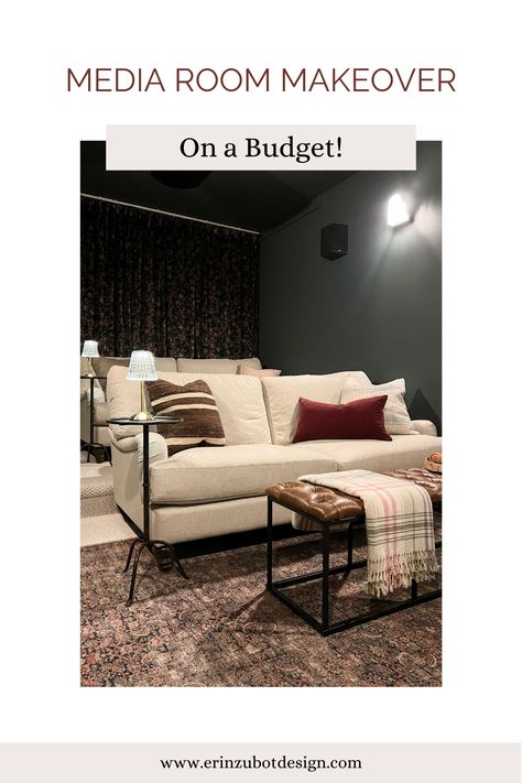 How I made over my theatre room with some simple changes with big impact, and ideas for your own budget-friendly media room! Guest Room Media Room Combo, Small Home Theater Seating, Small Media Room Ideas, Small Movie Room, Boho Living Room Decor Ideas, Spare Room Design, Small Room Setup, Media Room Seating, Living Room Home Theater