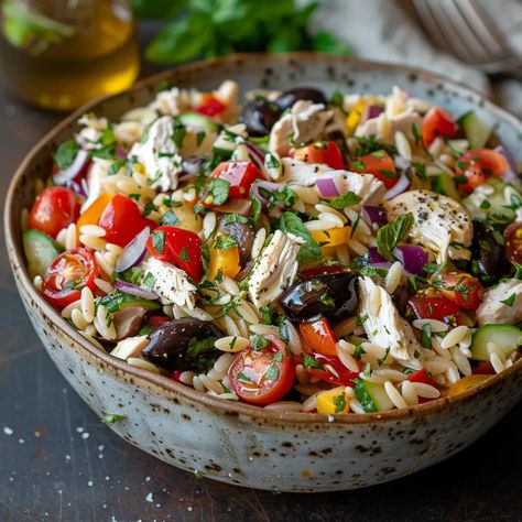 Greek Chicken Orzo Salad Recipe: Fresh, Flavorful, and Healthy! Greek Chicken Orzo Salad, Greek Chicken Orzo, Chicken Orzo Salad, Creative Cookery, Orzo Salad Recipes, Greek Chicken Salad, Vegan Feta Cheese, Chicken Fresh, How To Cook Orzo