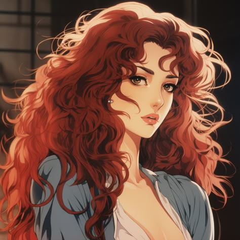 beautiful woman with long curly hair 1980s anime style #beautiful #woman #1980s #anime #avatar Dark Fantasy Pfp, 1980s Anime, Fantasy Pfp, Red Hair Cartoon, Curly Hair Cartoon, Anime Red Hair, Anime Avatar, Arte Monster High, Curly Hair Drawing