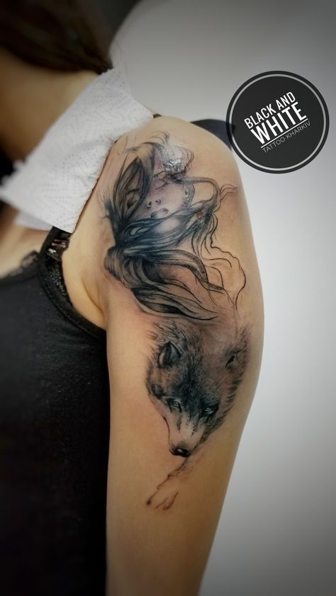 Inner Wolf Tattoo, Wolf Eyes Tattoo For Women, Hip Tattoos Women Wolf, Feather Wolf Tattoo, Feminine Wolf Tattoo Design Shoulder, She Wolf Tattoos For Women, Pretty Wolf Tattoo, Wolf Goddess Tattoo, Wolf Pack Tattoo For Women