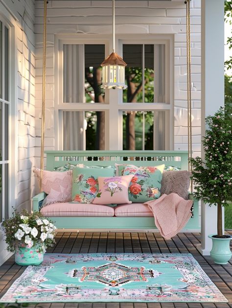 24 Boho-Inspired Front Porch Ideas to Create a Warm Welcome - Home Made Graceful Boho Front Porch Decor, Victorian Porch Ideas, Boho Front Porch, Bohemian Porch, Bohemian Decorating, Small Porch Decorating, Summer Front Porch Decor, Shabby Chic Porch, Front Porch Swing