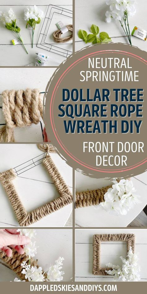 This pretty springtime wreath uses all Dollar Tree supplies including jute rope, white Hydrangea and Lilac flowers, and a square wreath form. Perfect for a wood/white neutral looking wreath for your front door. Front Door Boho Decor, Dollar Store Door Hanger Diy, Frame Wreaths For Front Door, Rope And Ribbon Wreath Diy, Diy Square Wreaths For Front Door, Braided Rope Wreath Diy, Jute Wreath Diy, Square Wire Frame Wreath Ideas, Dollar Tree Square Wreath Form Ideas