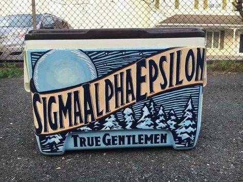 Painted Cooler Ideas, Sae Fraternity, Mountain Weekend Cooler, Painted Fraternity Coolers, Nola Cooler, Canvas Sorority, Painted Coolers, College Crafts, Formal Cooler Ideas