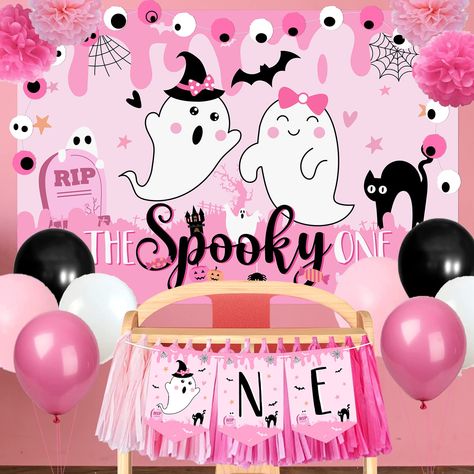 PRICES MAY VARY. 【Pink Halloween Birthday Party Decorations】This lovely pink highchair banner kit will be the perfect addition to your kid's Halloween birthday decorations. The package includes 1 High Chair Banner, 1 THE Spooky ONE Backdrop, 1 Pink Eyeball Banner, 4 Paper Flower Balls (2 Colors), 15 Paper Tassels (3 Colors) and 12 Latex Balloons (Pink, black, white and pale pink). 【Halloween Birthday Party Decorations for Girls】High chair banner with cute ghosts, unique design, perfect for pink Baby Halloween Birthday Party, One Year Old Halloween Birthday Party, Spooky One First Birthday Girl Cake, Two Spooky 2nd Birthday Party Girl, Spooky One Pastel Birthday, Spooky One Cupcakes Girl, Halloween 1st Birthday Party, Spooky One First Birthday Pink, Happy Boo Day