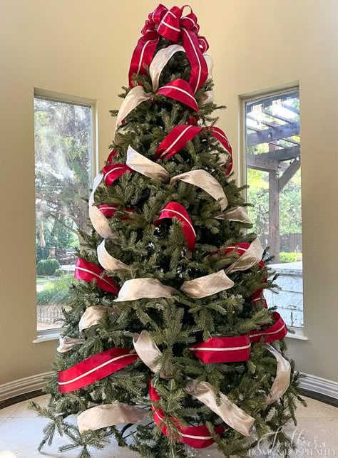 Christmas Tree Ribbon Garland, Ribbon On A Christmas Tree, Christmas Tree Decorating Tips, Christmas Tree Decorations Ribbon, Christmas Tree Decorated, Christmas Tree Decorating Themes, Diy Christmas Wreaths, Christmas Tree Bows, Creative Christmas Trees