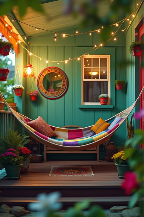 Playful mint green porch with colorful hammock and twinkling lights Screened Porch Paint Colors, Back Porch Paint Ideas, Porch Paint Ideas, Porch Paint Colors, Cute Porch, Front Yard Porch, Mint Green Walls, Modern Porch, Porch Paint