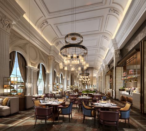 Luxury Restaurant Interior, Restaurant Plan, Classic Restaurant, Classic Hotel, Classical Interior, Hotel Reception, Luxury Restaurant, Hotel Interior Design, Modern Restaurant