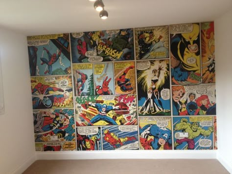 comic book wallpaper                                                                                                                                                                                 More Marvel Wallpaper Bedroom, Comic Bedroom, Marvel Bedroom Ideas, Marvel Boys Bedroom, Marvel Bedroom Decor, Marvel Room Ideas, Comic Book Wallpaper, Avengers Bedroom, Marvel Bedroom