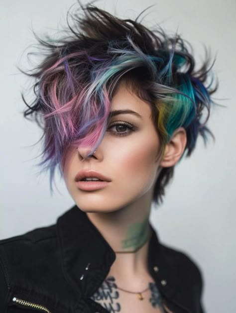 Inspiring Short Hair Color Ideas for a Bold New Look Short Hair Bright Color Ideas, Short Hair Fun Color Ideas, Hair Color Unique Short, Vivid Hair Color Short Hair, Bright Colours For Short Hair, Short Vivid Colored Hair, Vivid Hair Color Pixie, Hair Color Pixie Cut, Pastel Pixie Hair