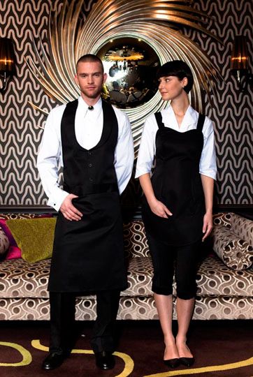 What the wait staff's uniforms will look like with the addition of red bow ties for both male and female. Waiter Uniform Design, Bartender Uniform, Restaurant Uniform, Cafe Uniform, Waiter Uniform, Mayfair Hotel, Casual Restaurant, Restaurant Uniforms, Hotel Uniform