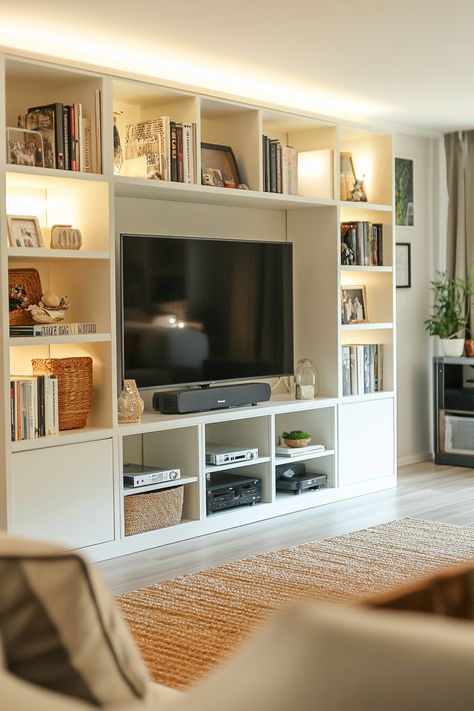 13 Must-See IKEA Kallax Ideas for Every Room - DreamyHomeStyle Kallax Shelving Unit Ideas, Ikea Tv Shelf, Ikea Kallax Ideas Living Room, Bookshelves In Living Room With Tv, Ikea Kallax Ideas, Ikea Entertainment Center, Ikea Lounge, Kallax Ideas, Ikea Storage Units