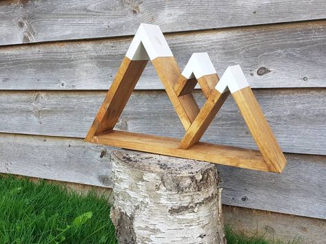 Wood Mountain Shelf, Minwax Wood Stain, Wood Mountains, Ladder Shelf Diy, Shelf Nursery, Mountain Shelf, Adventure Decor, Mountain Wall Decor, Geometric Shelves