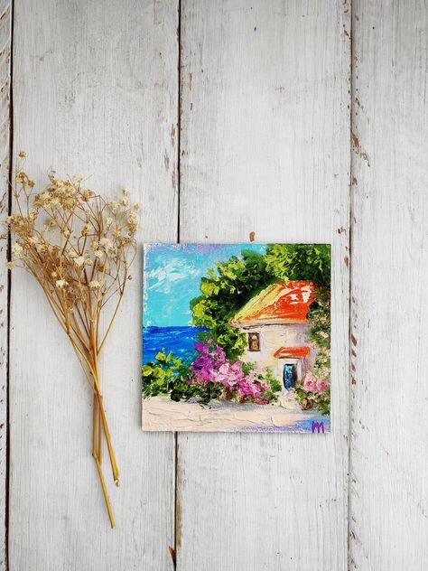 Amalfi Coast Painting, Coast Painting, Art Mini Toile, Mini Toile, Mini Oil Painting, Tropical Painting, Butterfly Artwork, Italy Wall Art, Seascape Wall Art