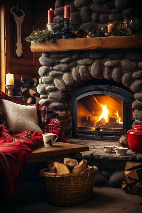 Cozy Cottage Interiors, Cosy Cabin, Cabin Fireplace, Cabin Christmas, Dream Cottage, Christmas Hearts, Corner House, Cottage Interiors, Christmas Fireplace