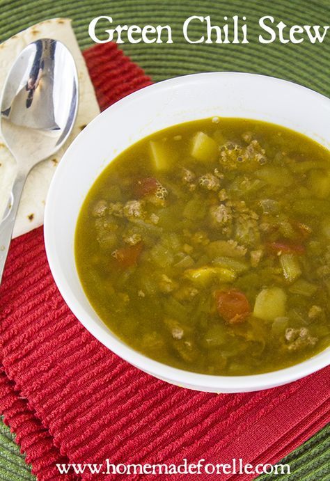 green chile stew - I would substitute beef for turkey Green Chili Powder Recipes, New Mexico Green Chili Stew Ground Beef, Green Chile Gravy, Hatch Chili Recipes Ground Beef, Green Chilli Stew, Stew With Ground Beef, Quick Soups, Green Chili Soup, Hatch Chili Recipes