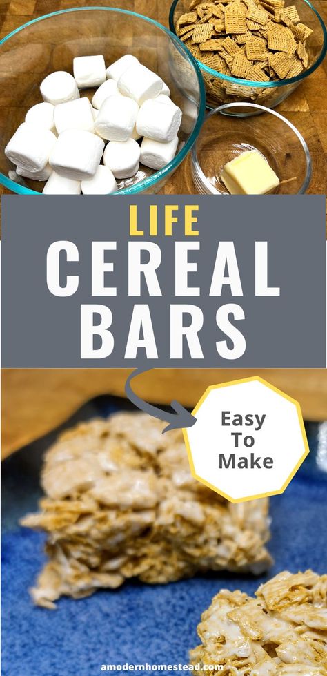 Try out these easy to make life cereal treats. You only need 3 ingredients to whip up a batch of these cereal and marshmallow bars. They are the perfect no bake snack. Cereal Bar Treats, Life Cereal Bars, Life Cereal Recipes Snacks, Life Cereal Recipes, Cereal Recipes Snacks, Weekly Snacks, Cereal Desserts, Cereal Bars Recipes, Life Cereal